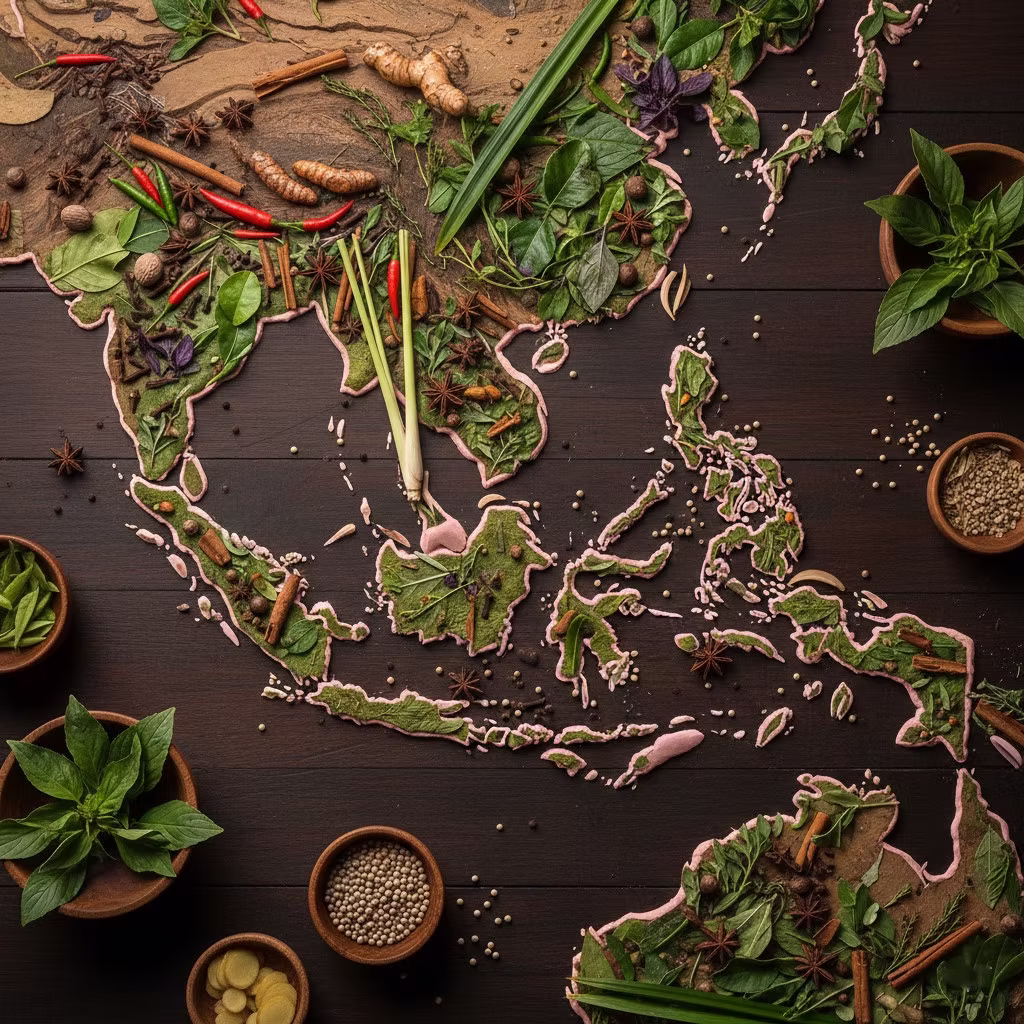 An overhead arrangement of Southeast Asian roots, herbs, and spices including ginger, turmeric, lemongrass, and chilies